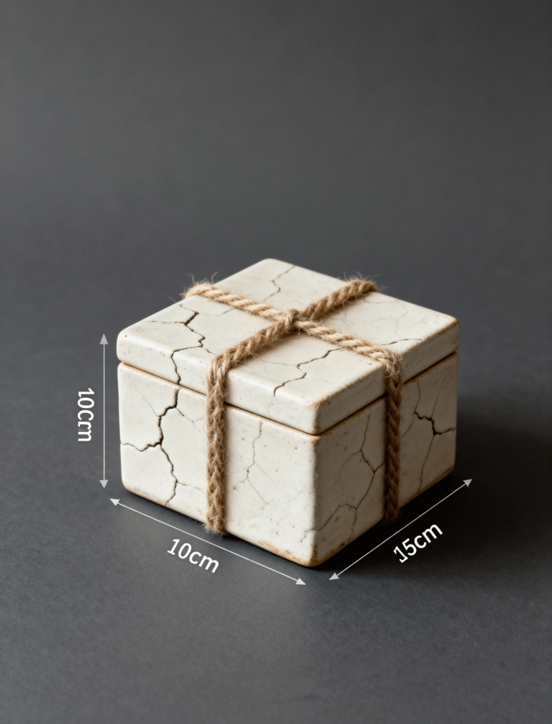 jimeng 2025 09 25 2864 日式侘寂风，米白色粗陶质感方盒（边长10cm×高5cm），表面有自然冰裂纹理，盒...