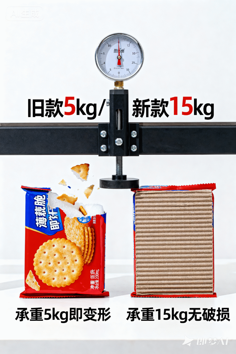 jimeng 2025 09 25 3856 商业产品摄影风格，薄脆饼干包装新旧款抗压测试模拟，左侧旧款包装受压后泡沫碎裂（承...