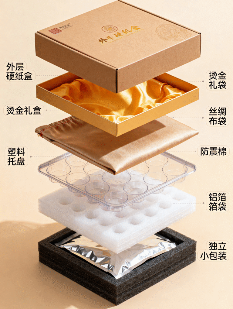 jimeng 2025 09 25 8820 商业产品包装摄影风格，剖面分层展示，7层嵌套包装（外层硬纸盒 烫金礼盒 丝绸布袋...