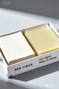 jimeng 2025 09 28 5354 可持续材料样品盒的照片，白色哑光材质长方体，内部整齐摆放两种材料样品：左侧为再生...