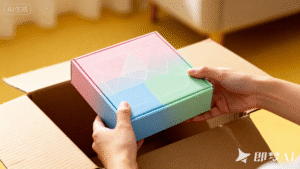 jimeng 2025 09 28 5921 生活方式摄影风格，取出彩色内盒，内盒为马卡龙色系（粉 蓝 绿随机），盒面有简约几...