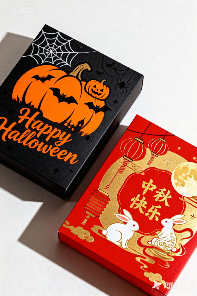 jimeng 2025 09 28 6664 节日主题包装设计风格，节日包装并列图，左侧为美国万圣节主题包装，右侧为东南亚中秋...